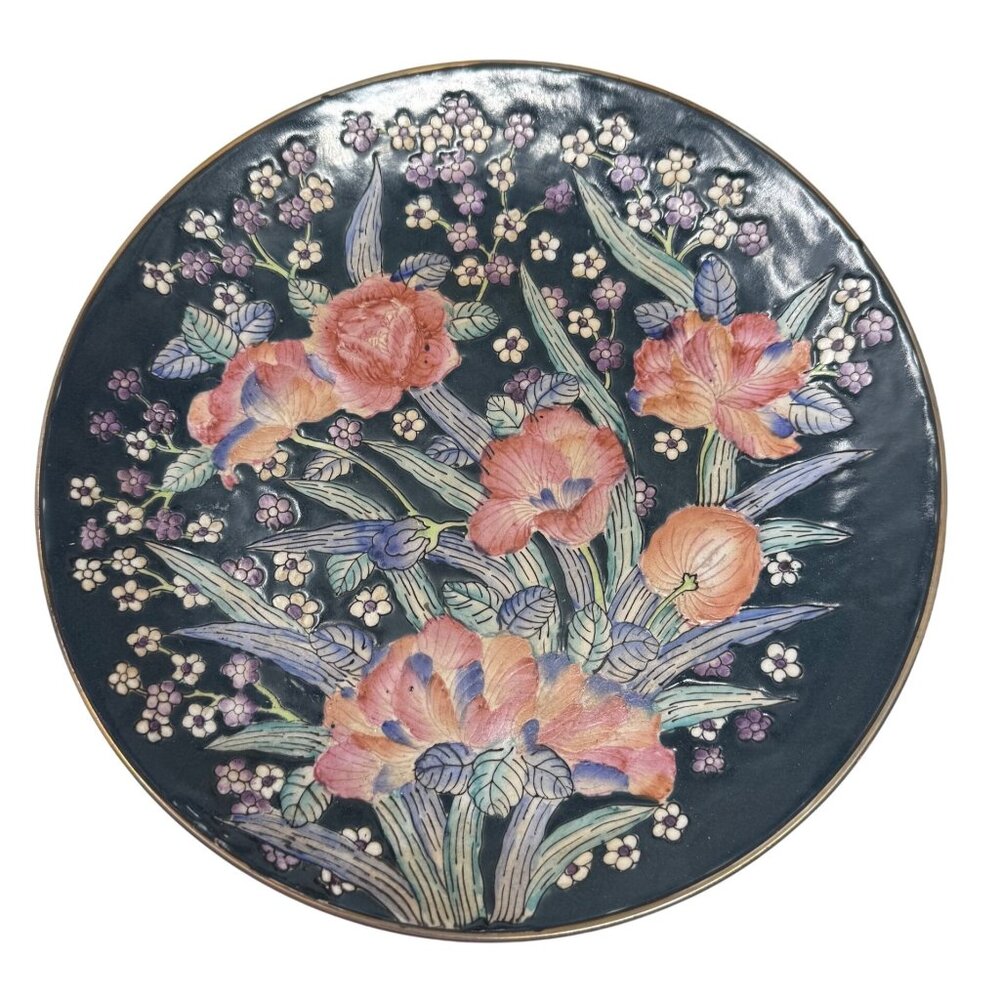 Vintage Cloisonne Qianlong Nan Zhi Chinese Hand Painted Decorative Plate Lilies